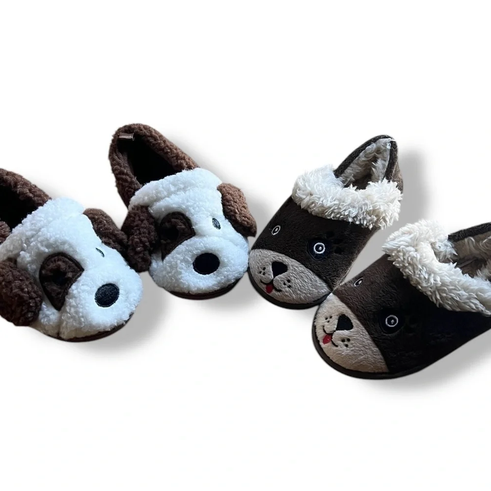 2 Pairs- Wonder Nation Plush Puppy Dog Kids Toddler Size 5-6 Slippers